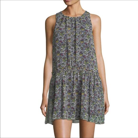 Likely NWT Floral Print Shift Sundress Cream Blue & Green Georgette Mini - Picture 3 of 8